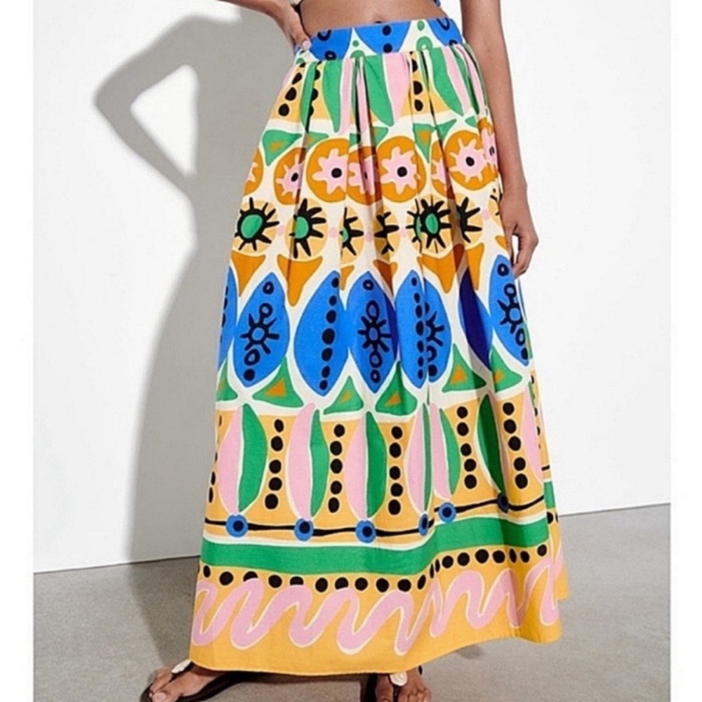 ZARA Colorful Cotton Abstract Batik African Print Pleated Maxi Skirt - Picture 12 of 13